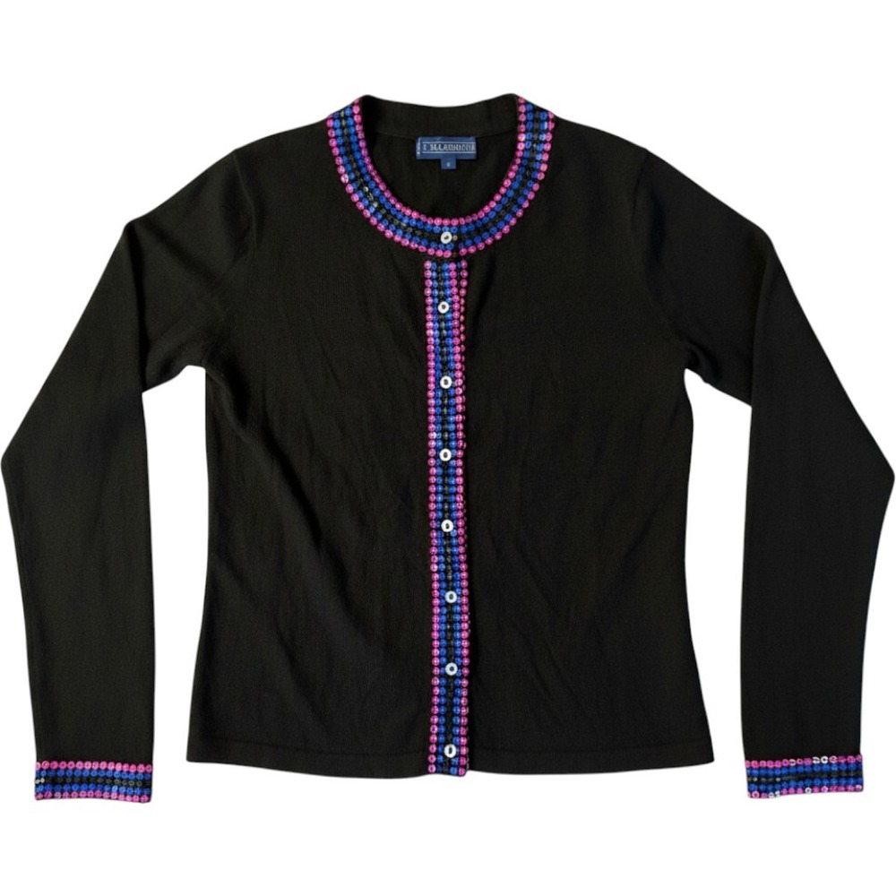 J. McLaughlin Black Sequin Trim Cardigan Sweater Small Cashmere Cotton Blend